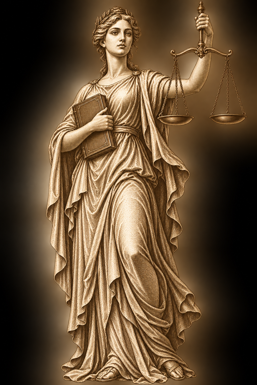 Temis, diosa de la justicia, sosteniendo la balanza en equilibrio y un códice cerrado